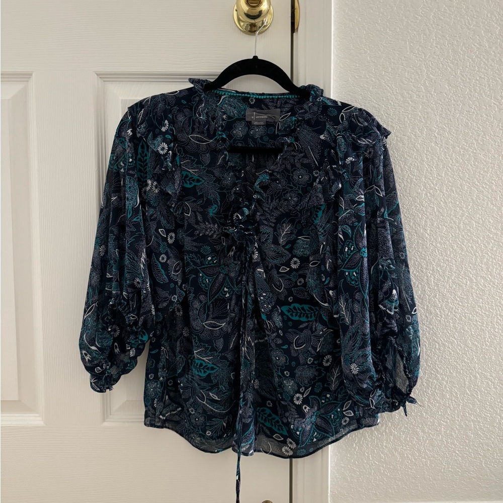 Sheer Tie Front Anthro Blouse - never worn